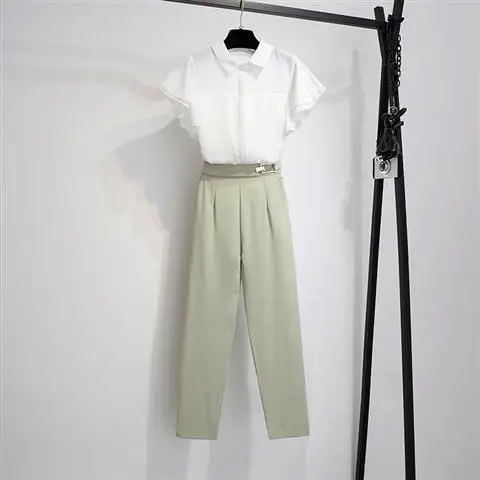 Women 2021 Summer New Fashion Elegant Two-piece Suit Female Chiffon Shirt Top and High Waist Pants Office Lady Pants Set B116 
Women 2021 Summer New Fashion Elegant Two-piece Suit Female Chiffon Shirt Top and High Waist Pants Office Lady Pants Set B116