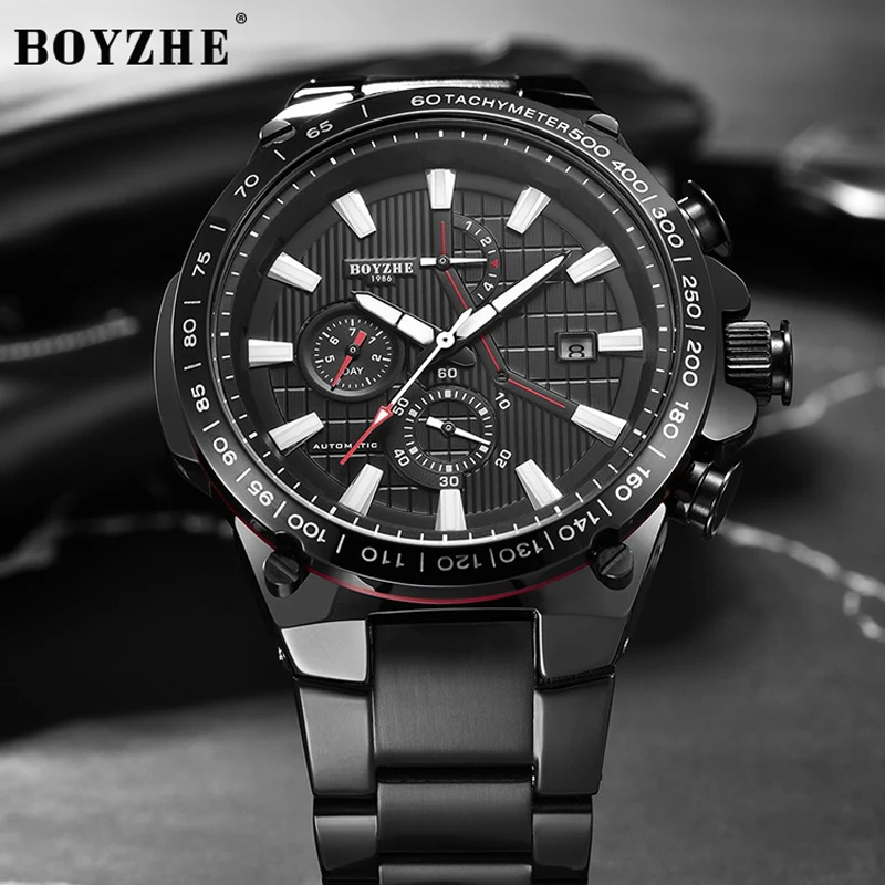 BOYZHE Watches Men Fashion Dress Automatic Mechanical Watch Stainless Steel Strap Calendar Black Dial Waterproof Male Wristwatch
BOYZHE Watches Men Fashion Dress Automatic Mechanical Watch Stainless Steel Strap Calendar Black Dial Waterproof Male Wristwatch