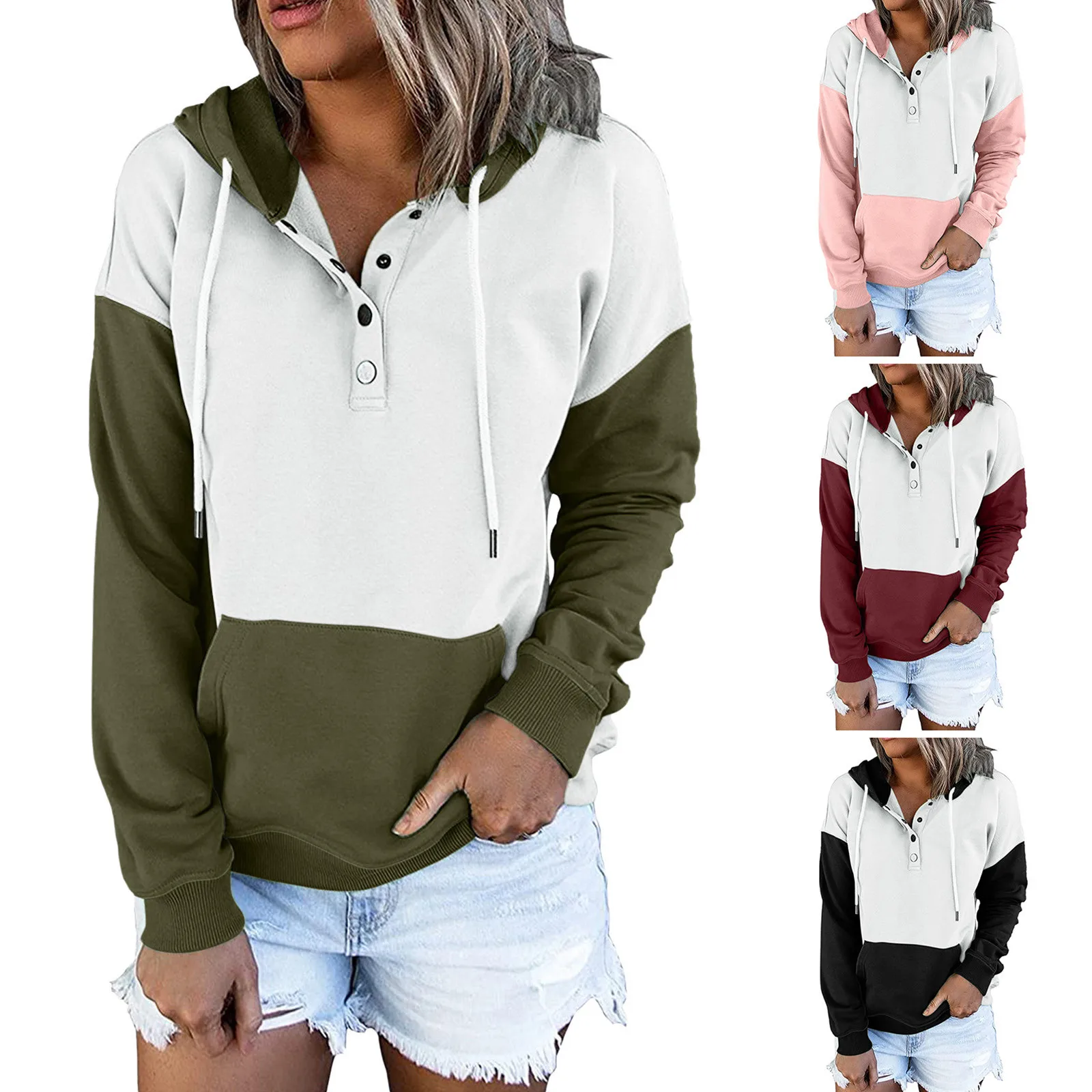 

Splicing Hoodie Sweetshirts Fashion Women Buttons Collar Hooded Sweatshirt Pullover Pockets Drawstring Top Sudaderas Con Capucha