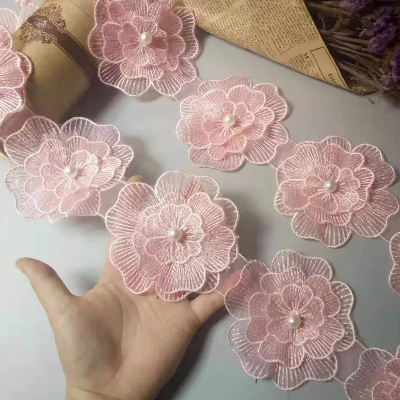 

1 yard Pink Big Flower Pearl Beaded Embroidered Lace Trim Floral Applique Patches Fabric Sewing Vintage Wedding Dress 10cm