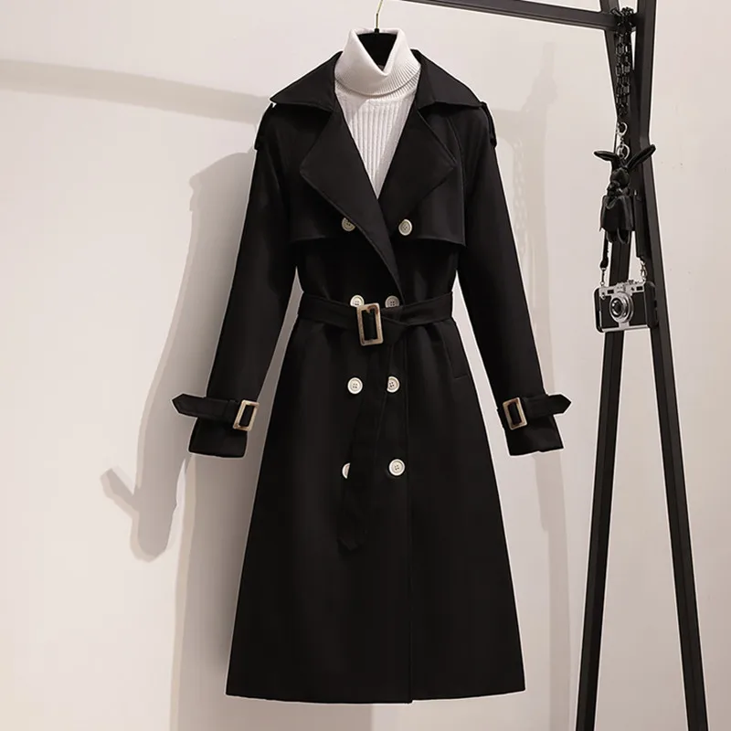 Женский винтажный двубортный Тренч с отложным воротником, длинный Повседневный облегающий Тренч с поясом, Осень-зима 
Женский винтажный двубортный Тренч с отложным воротником, длинный Повседневный облегающий Тренч с поясом, Осень-зима