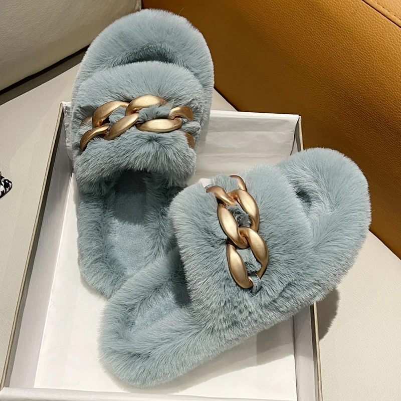 2022 Winter Sexy Matte Gold Chain Fashion Brand Design Female Fluffy Fur Slides Plush Warm Luxury Slippers Thick Bottom Shoes
2022 Winter Sexy Matte Gold Chain Fashion Brand Design Female Fluffy Fur Slides Plush Warm Luxury Slippers Thick Bottom Shoes