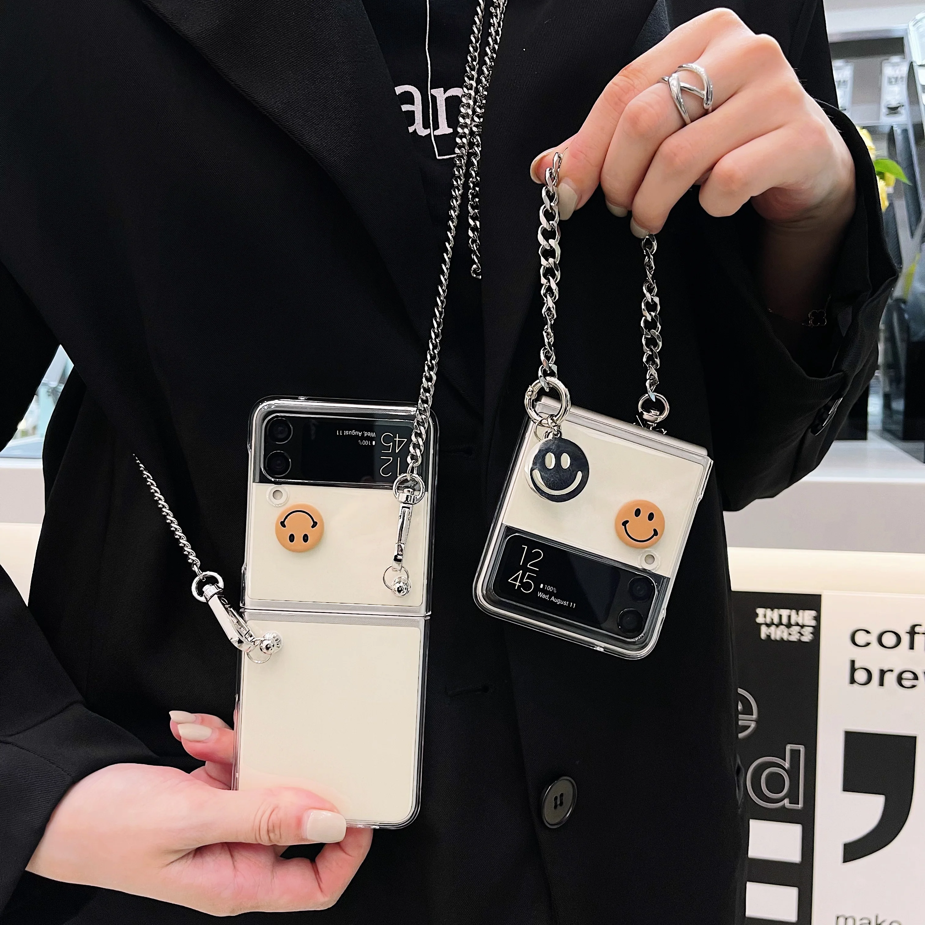 Cute Smiley Metal Chain Phone Case for Samsung Galaxy Z Flip 3 ZFlip3 with lanyard Stand Folding Clear Heart Soft Cover
Cute Smiley Metal Chain Phone Case for Samsung Galaxy Z Flip 3 ZFlip3 with lanyard Stand Folding Clear Heart Soft Cover