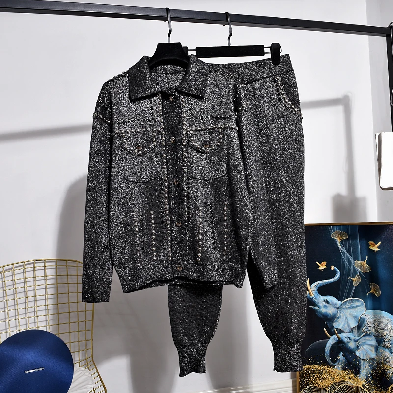 2022 Autumn New Fashion Black Knitted Tracksuits Outfits Women Loose Rivet Cardigan Sweater Pencil Pants Two Piece Set Female
2022 Autumn New Fashion Black Knitted Tracksuits Outfits Women Loose Rivet Cardigan Sweater Pencil Pants Two Piece Set Female