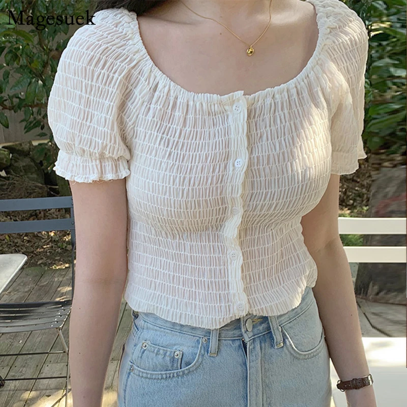 

Korean Pleated Puff Short Sleeve Shiffon Blosue Woman O-Neck Slim Ruffled Women Shirt Fashion New Summer Tops Blusas Mujer 14220