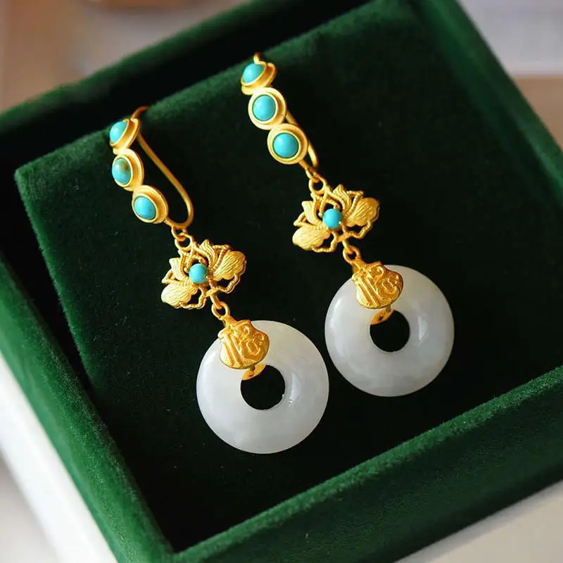 

Natural Hetian White Jade Peace Buckle Eardrops Sterling Silver Gold Plated Turquoise Earrings Ethnic Style Graceful Earrings Wo