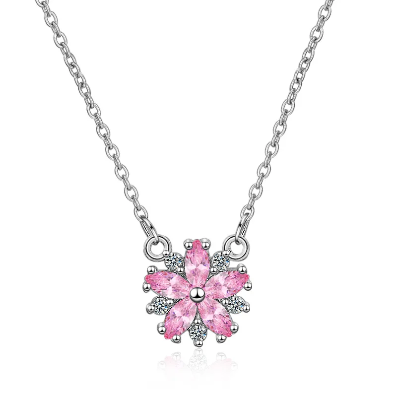 

100% 925 Sterling Silver Trendy Cherry blossoms Flower Shine Cubic Zirconia Lady Pendant Necklaces Jewelry Women Short Chains