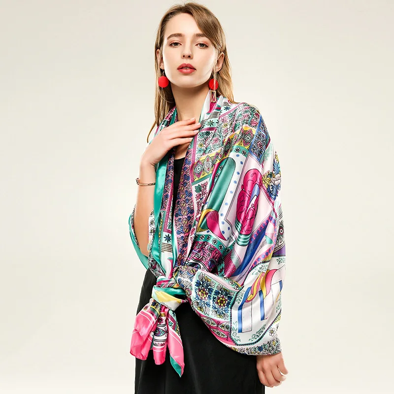 

2021 Women Imitation Silk Scarf National Style Flower Grass Print Shawls Lady Soft Wraps Female Elegant Headscarf 180x90cm