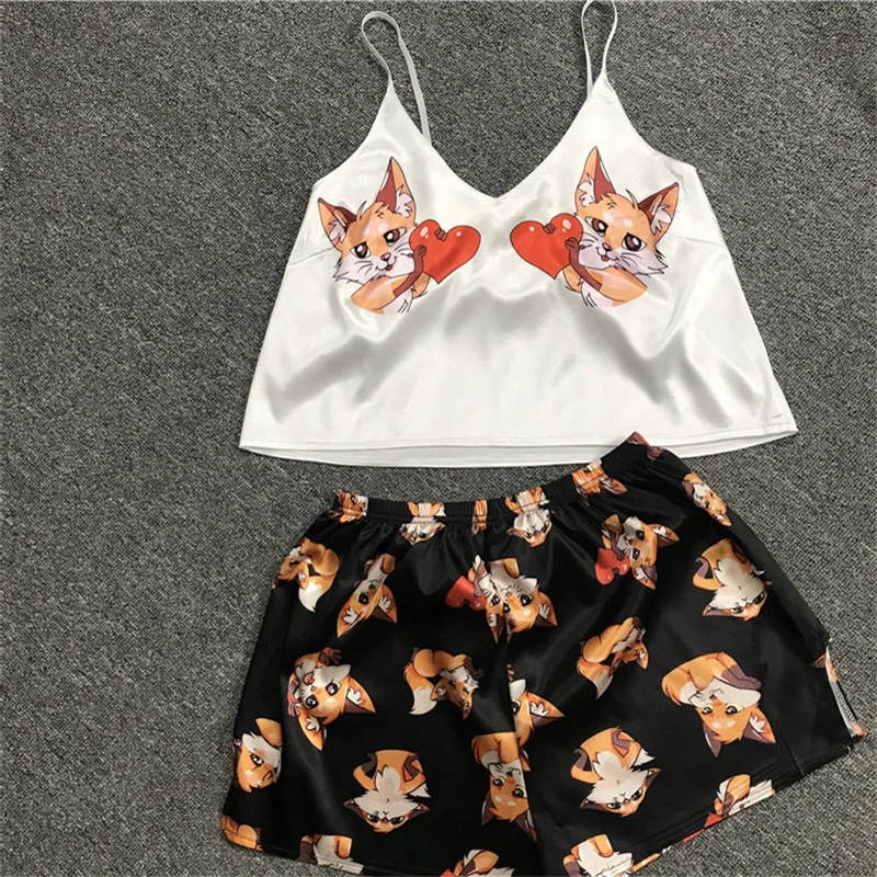 Women's Pajamas Set Cartoon Print Lovely Sleepwear Home Suit Summer V Neck Sexy Pyjamas Women Spaghetti Strap Loose Pijama Satin
Women's Pajamas Set Cartoon Print Lovely Sleepwear Home Suit Summer V Neck Sexy Pyjamas Women Spaghetti Strap Loose Pijama Satin