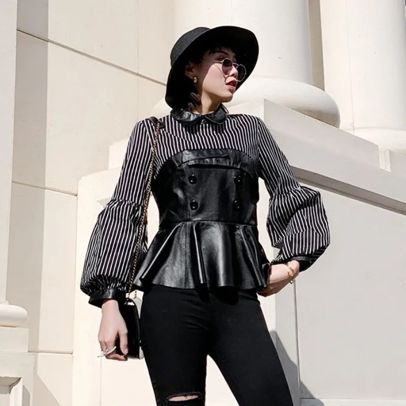 Female Slim Waist Genuine Sheep Leather Chiffon Spliced Women Striped Black Long Sleeve Turn Down Collar Blouse Streetwear
Female Slim Waist Genuine Sheep Leather Chiffon Spliced Women Striped Black Long Sleeve Turn Down Collar Blouse Streetwear