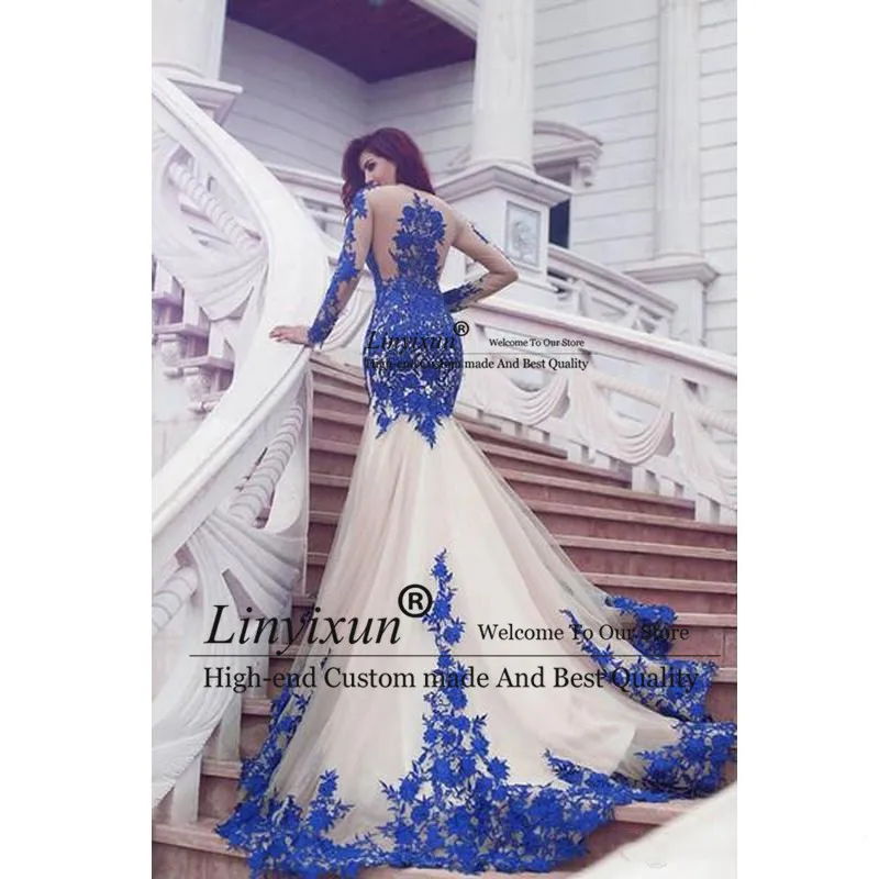 Sexy 2020 New Arrival Scoop Neck Long Sleeve Royal Blue Lace Evening Dresses Mermaid Lace Tulle Court Train Prom Dresses
Sexy 2020 New Arrival Scoop Neck Long Sleeve Royal Blue Lace Evening Dresses Mermaid Lace Tulle Court Train Prom Dresses
