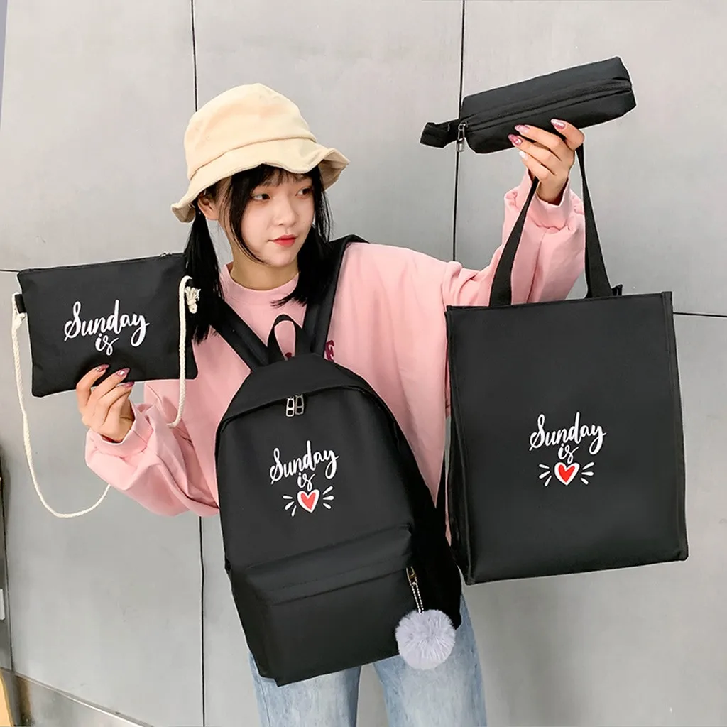 Student Hot 4pcs Women Student Bag Nylon Hairball School Backpack+crossbody Bag+hand Bag+pen Bag Capacity Crossbody Bag#G30