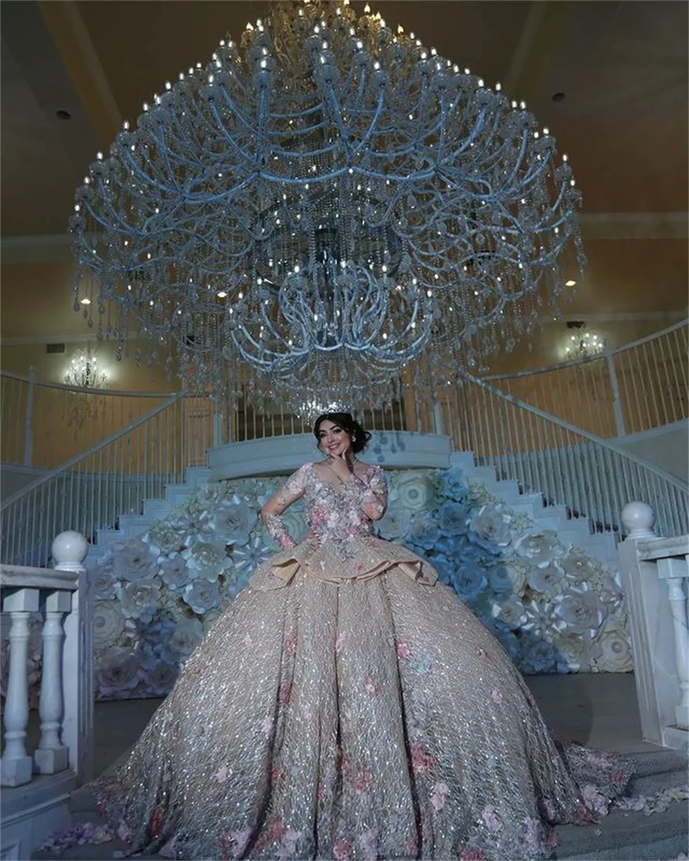 

Блестящее бальное платье с длинным рукавом, платья для Quinceanera, платья для 15 лет, модное милое праздничное платье принцессы с 3D цветами, 16 дюйм...