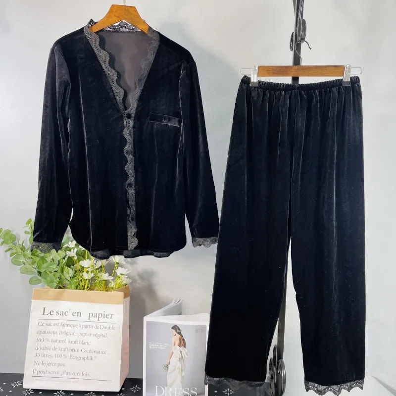 Button-down Nightwear Sexy Lady Pajamas Set Velvet Sleepwear Home Clothes With Pants 2PCS Pyjamas Pour Femme Lingerie Loungewear
Button-down Nightwear Sexy Lady Pajamas Set Velvet Sleepwear Home Clothes With Pants 2PCS Pyjamas Pour Femme Lingerie Loungewear