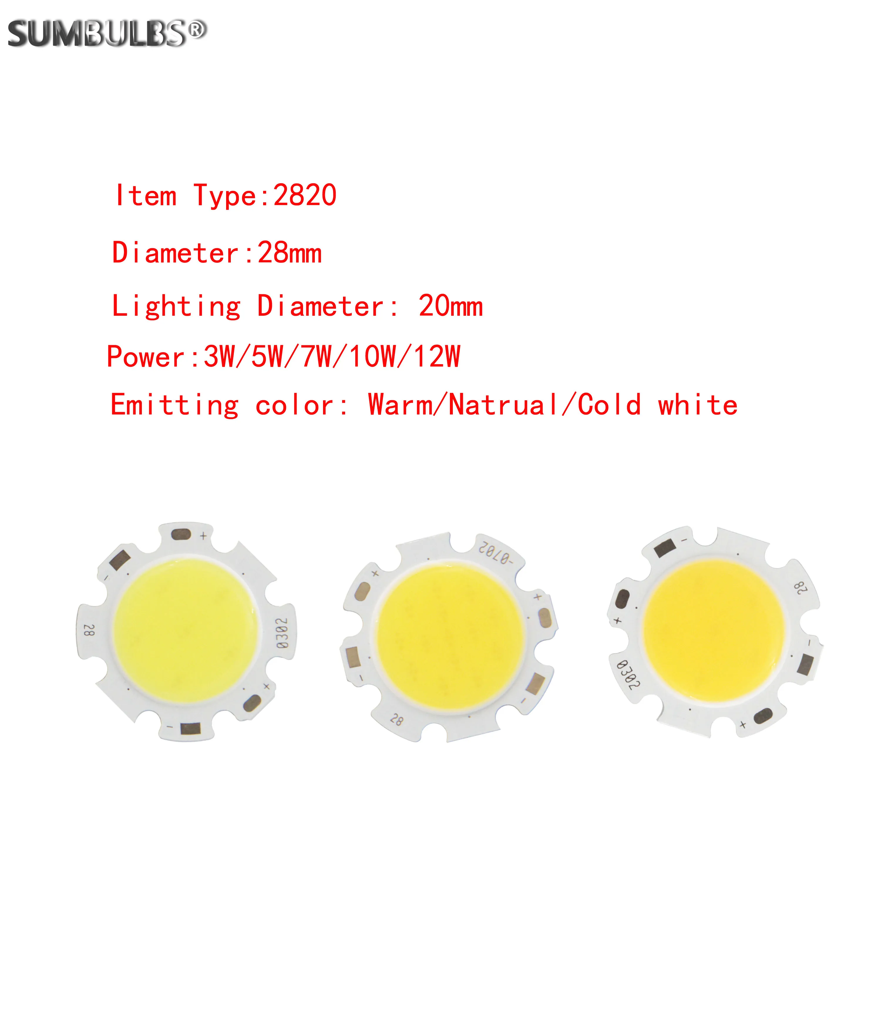 

20pcs/Lot High Quality 3W 5W 7W 10W 12W Round Light Source 2820 28mm Circular LED Big cob for DIY Spotlight