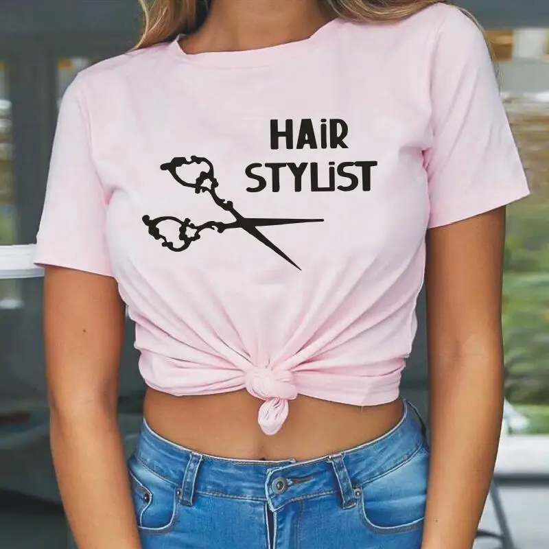 

Summer Women Tshirt Hair Stylist Scissors Barber Print Cotton Tee Shirt Femme Short Sleeve Loose T Shirt Women Tops Blusas Mujer