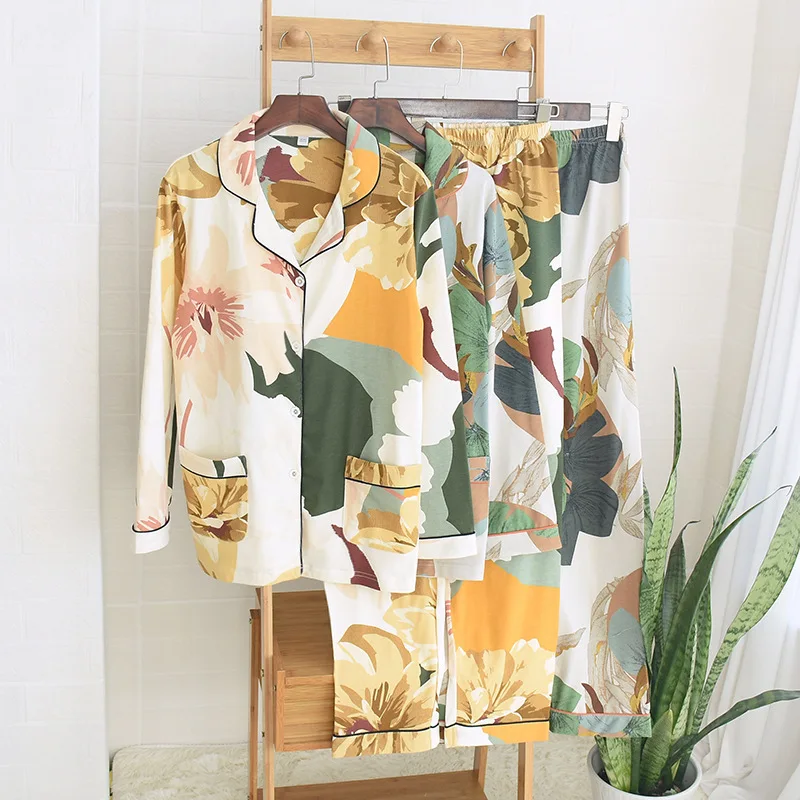 Knitted Cotton Spring, Autumn Winter Women's Pajamas Suit, Long-sleeved Trousers, Palm Leaf Lapel Print, Plus Size Home Service
Knitted Cotton Spring, Autumn Winter Women's Pajamas Suit, Long-sleeved Trousers, Palm Leaf Lapel Print, Plus Size Home Service