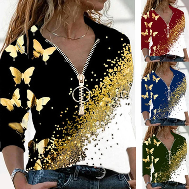2022 Women T Shirt Autumn Spring Long Sleeve Tops V Neck Zipper Butterfly Print Casual Pullover T-shirt Fall Tops
2022 Women T Shirt Autumn Spring Long Sleeve Tops V Neck Zipper Butterfly Print Casual Pullover T-shirt Fall Tops