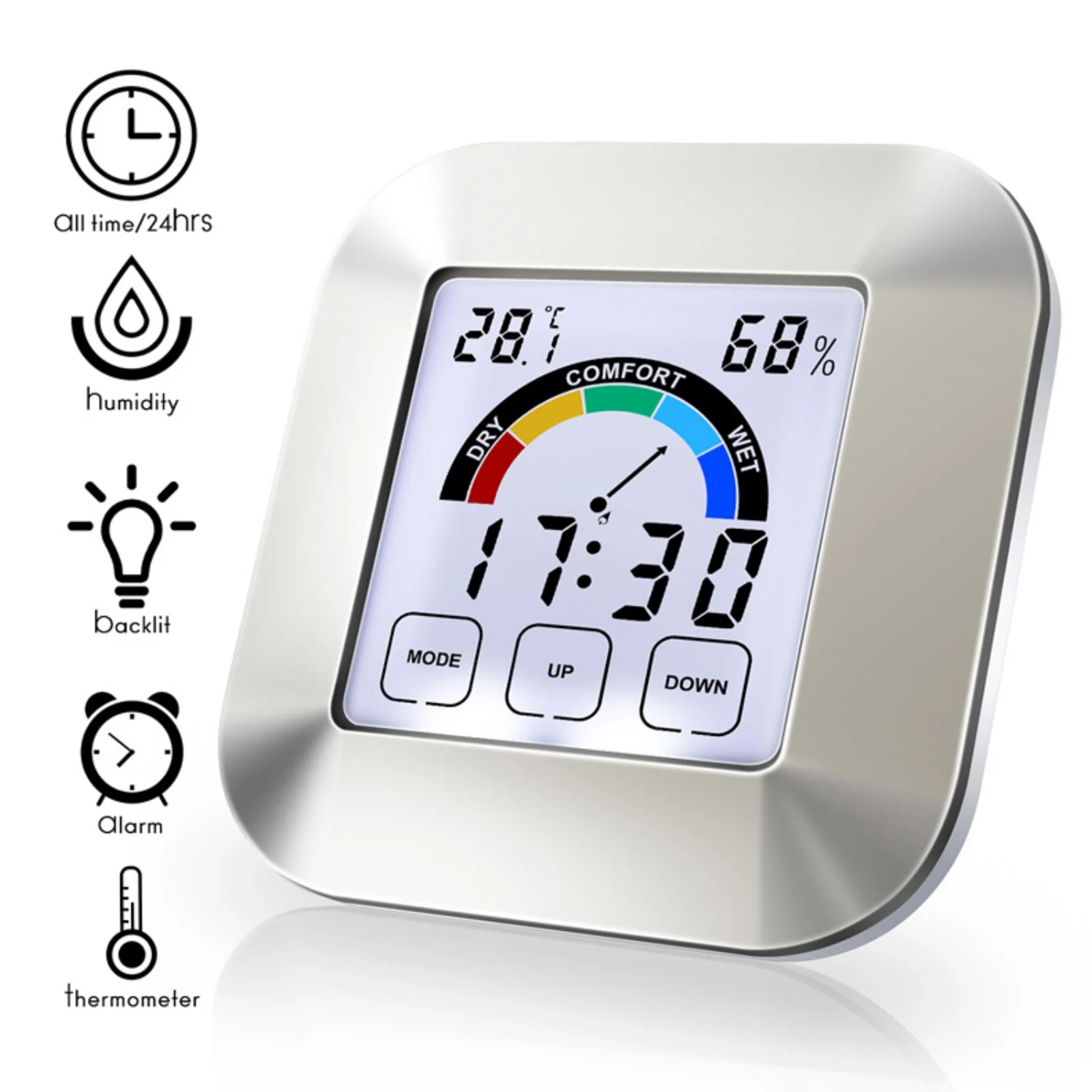 LCD Digital Thermometer Hygrometer Indoor Temperature Humidity Clock with Magnet MIN/MAX Records for Room Climate Control
LCD Digital Thermometer Hygrometer Indoor Temperature Humidity Clock with Magnet MIN/MAX Records for Room Climate Control