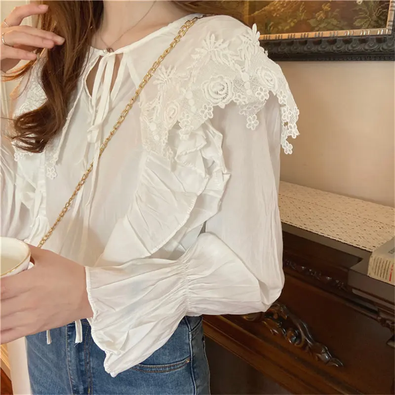 Alien Kitty White Fresh Sweet 2020 Lace Women Flare-sleeved Loose Shirt All-Match Lace-Up Feminine Gentle Office Lady Blouses | Женская