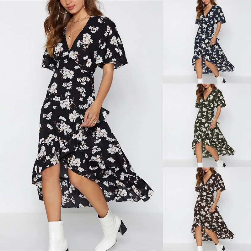 Women Summer Floral Print Cross V Neck Dress Bohemian Flowy Long Maxi Dresse 
Women Summer Floral Print Cross V Neck Dress Bohemian Flowy Long Maxi Dresse