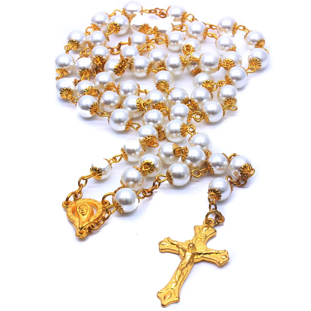 QIGO 8 mm Pearl Rosary Necklace With Cup For Wedding Long Cross Pendant Catholic Jewelry | Украшения и аксессуары