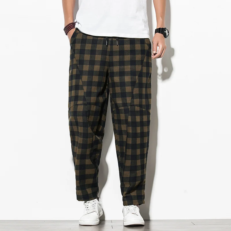 Men Casual Pants Plus Size Plaid Linen Knickerbockers With Loose Legs Chinoise-chic Cotton And Linen Men Plaid Casual Pants 
Men Casual Pants Plus Size Plaid Linen Knickerbockers With Loose Legs Chinoise-chic Cotton And Linen Men Plaid Casual Pants