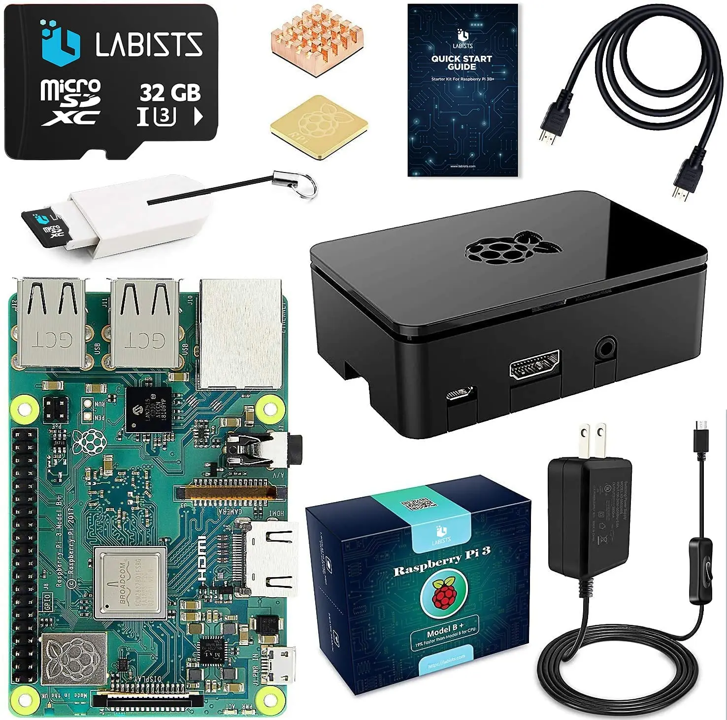 Raspberry Pi 3 B+/B Plus Starter Kit with 32GB Micro SD Card Noobs Model B Plus Motherboard Premium Black Case Copper Heat Sinks
Raspberry Pi 3 B+/B Plus Starter Kit with 32GB Micro SD Card Noobs Model B Plus Motherboard Premium Black Case Copper Heat Sinks
