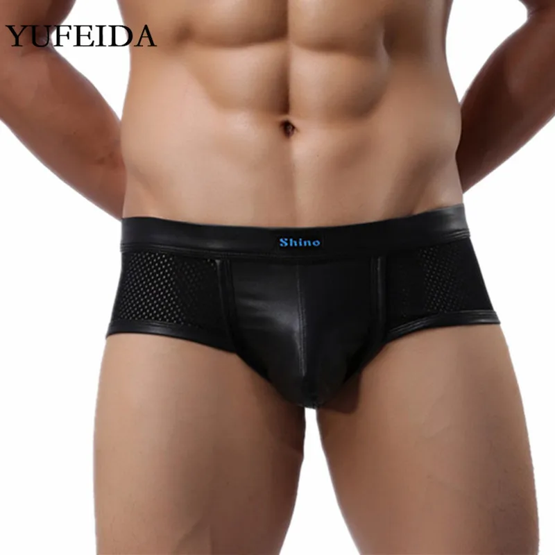 

YUFEIDA Men Underwear Boxers Male Boxer Shorts PU Leather Mesh Hole Men Sexy Panties Breathable Underpants Penis Pouch Trunks
