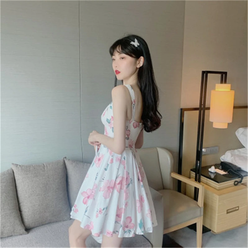 Women's Summer Print Short Dress With Suspenders Ladies V-Neck Sleeveless Sling Slim Waist Flowers Print A-Line Y413 
Women's Summer Print Short Dress With Suspenders Ladies V-Neck Sleeveless Sling Slim Waist Flowers Print A-Line Y413