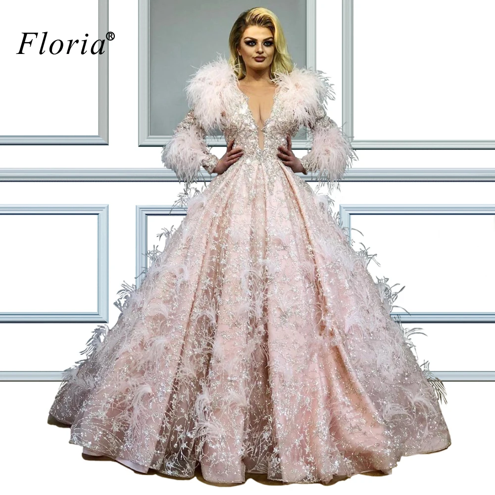 Gorgeous Lace Evening Dresses Feathers Arabic Evening Gowns Plus Size Robe De Soiree Long Abendkleider Celebrity Dresses Custom