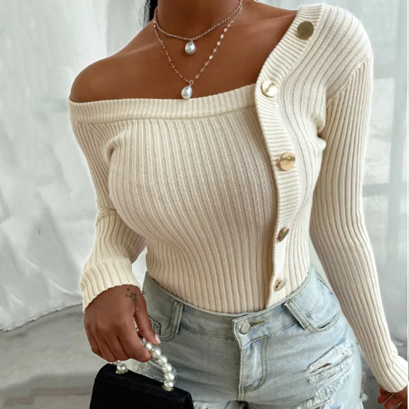 Solid Kintted Bodycon Korean Sweater Sexy One Shoulder Long Sleeve Single Breasted All-match Pullover Sweater Spring Top Blusas
Solid Kintted Bodycon Korean Sweater Sexy One Shoulder Long Sleeve Single Breasted All-match Pullover Sweater Spring Top Blusas