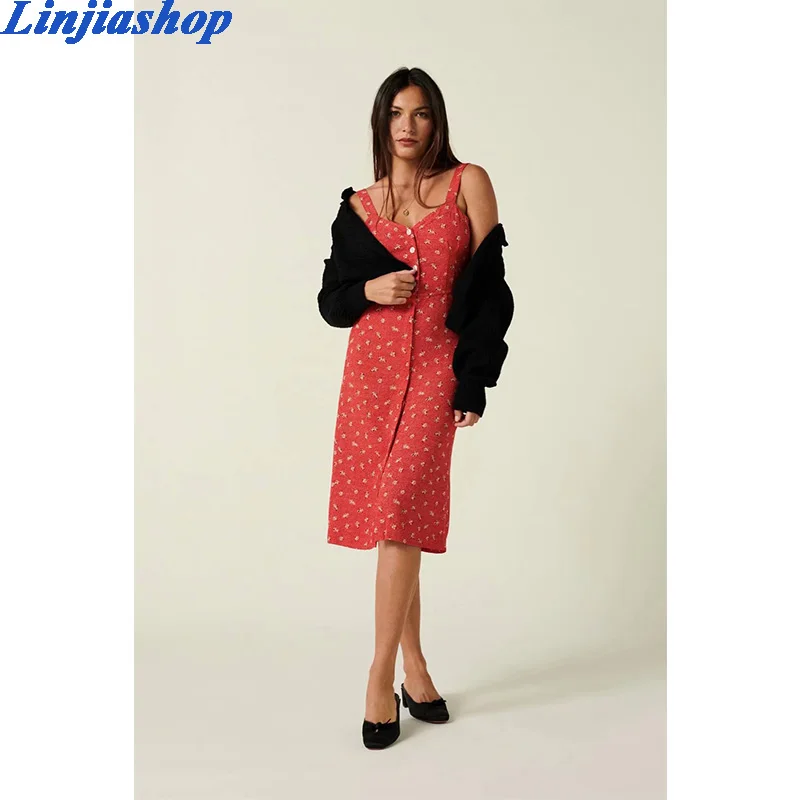 Женское платье на пуговицах, красное пляжное платье миди без рукавов с цветочным принтом и V-образным вырезом, лето 
Женское платье на пуговицах, красное пляжное платье миди без рукавов с цветочным принтом и V-образным вырезом, лето