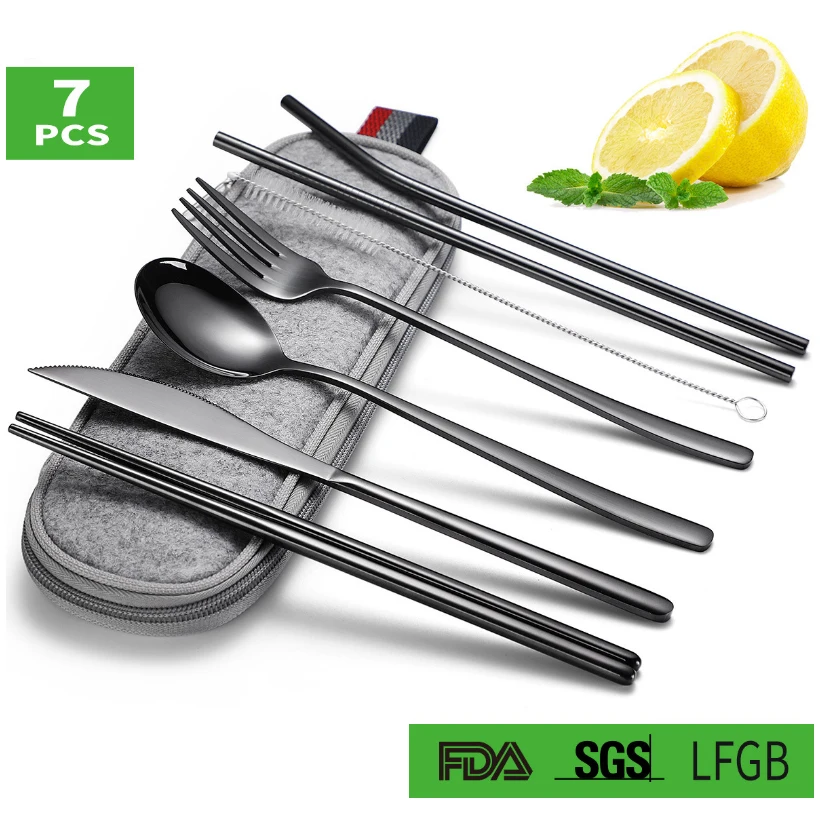 

Travel Camping Cutlery Set, 8-Piece including Knife Fork Spoon Chopsticks Cleaning Brush Straws Portable Case Flatware set