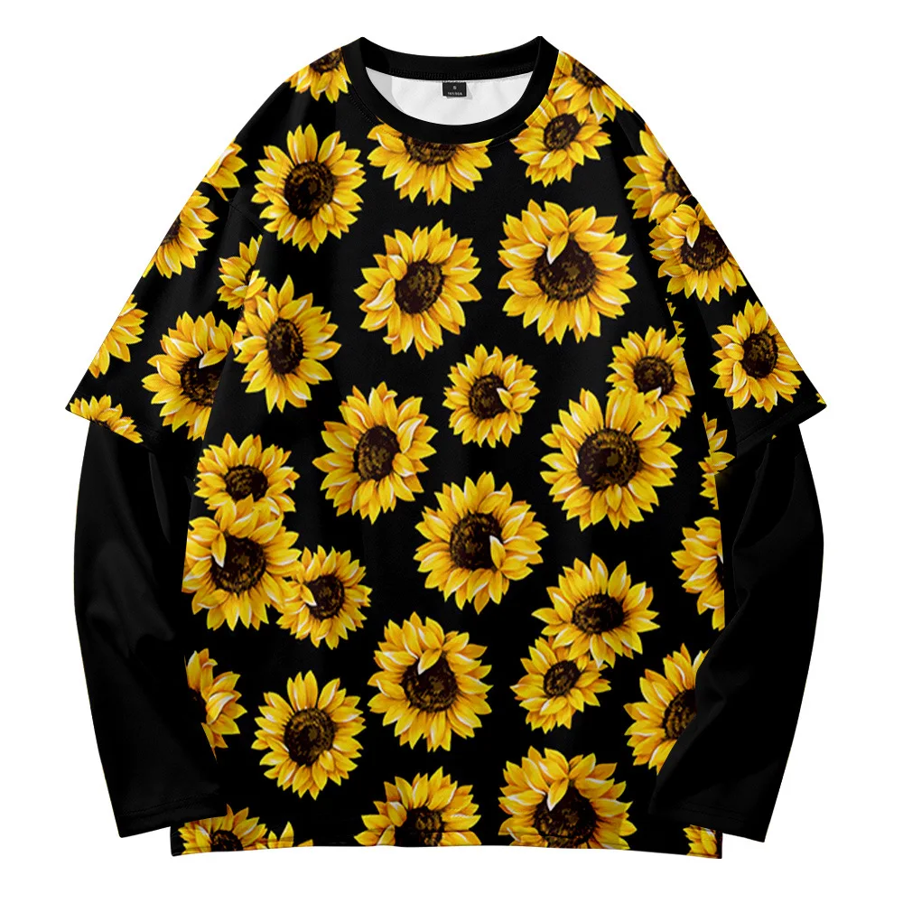 Plant sunflower summer fashion trend retro street shooting round neck fake two-piece sweater
Plant sunflower summer fashion trend retro street shooting round neck fake two-piece sweater