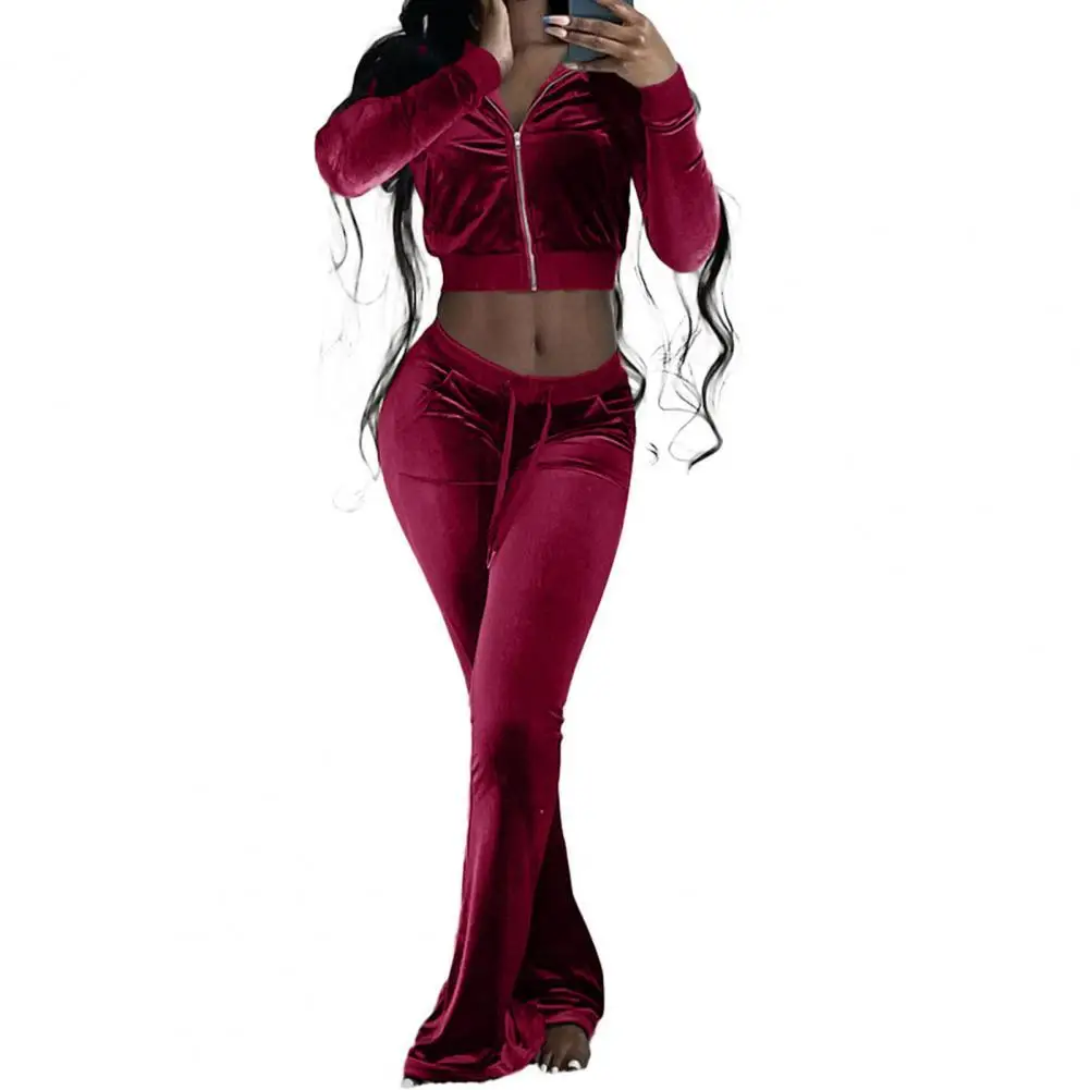 

Women's tracksuit Exposed Navel Sporty Outfit Solid Color Zipper Closure Sweatshirt Flare Pants Set Gym Clothing 2 Piece Sets