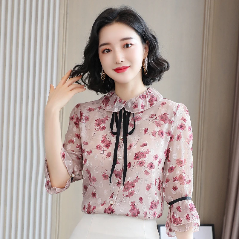 Chiffon Loose Women's Shirts New Fashion Blouses Casual Three Quarter Blusas Floral Bow Tie Shirt Spring Houthion
Chiffon Loose Women's Shirts New Fashion Blouses Casual Three Quarter Blusas Floral Bow Tie Shirt Spring Houthion