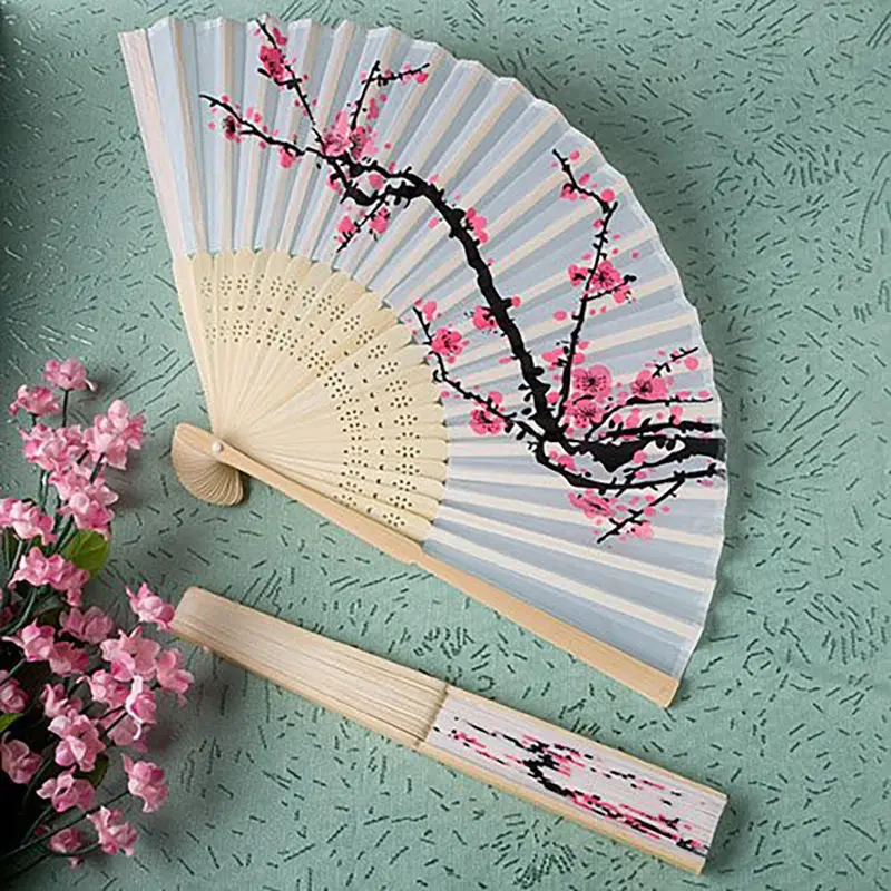 

Classical Cherry Blossom Print Folding Hand Fans Flower Print Vintage Fan White Polyester Fans Summer Girls Dancing Fan