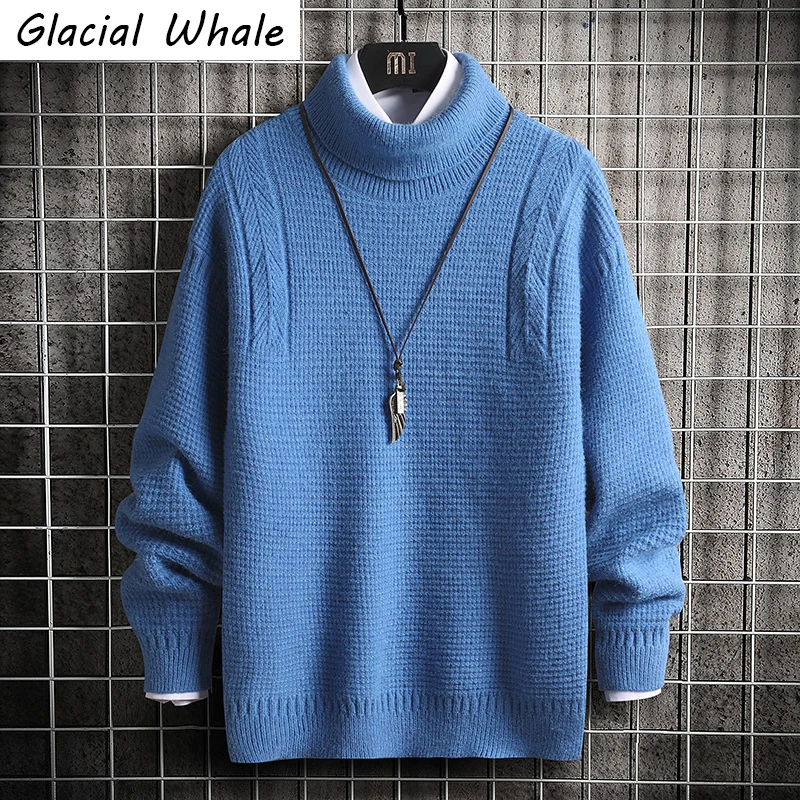 

GlacialWhale Mens Knitted Sweater Men 2020 Winter Solid Sweaters Pullover Jumper Harajuku Korean Style Casual Blue Sweater Men