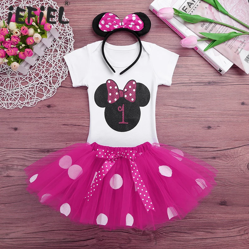 

Baby Girls Polka Dots Dress 1st Birthday Party Outfit Short Sleeve Cartoon Romper Tutu Skirt Infant Girl Fancy Mini Costume Sets