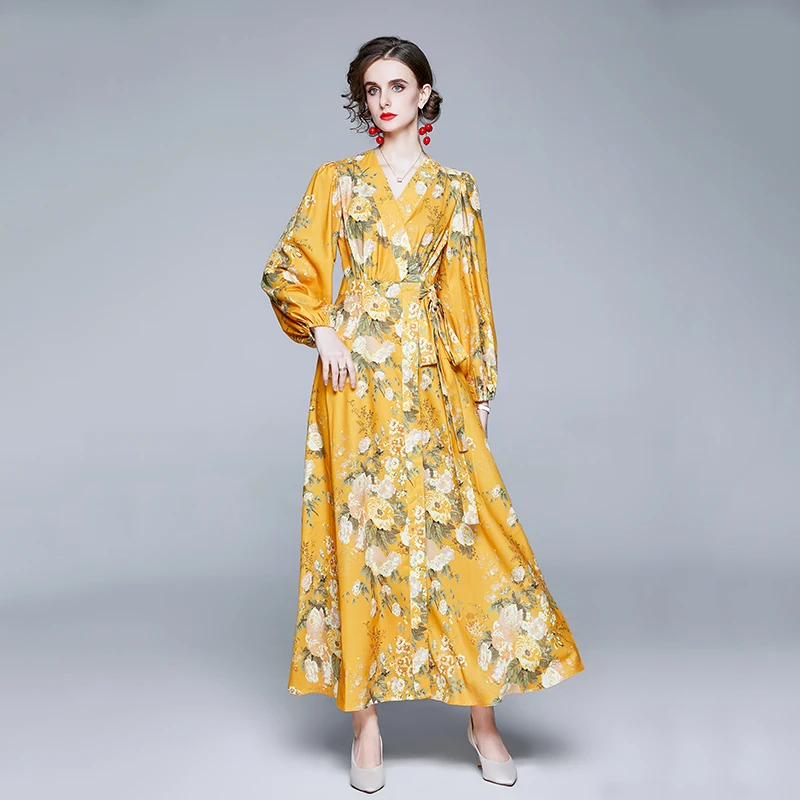 Autumn Bohemian Holiday Floral Print Yellow Maxi Wrap Dress Women's Lantern Sleeve V-Neck Belt Vintage Beach Party Long Dress
Autumn Bohemian Holiday Floral Print Yellow Maxi Wrap Dress Women's Lantern Sleeve V-Neck Belt Vintage Beach Party Long Dress