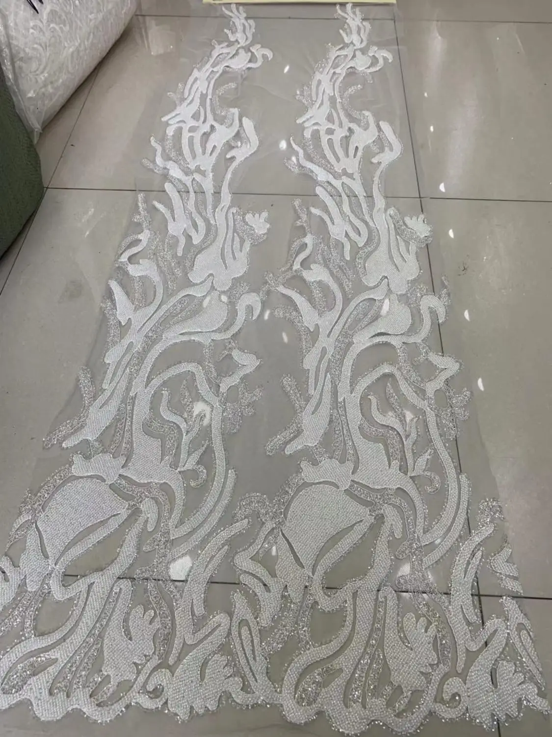 

5 yards atp08 offwhite ivory flower heavy beads floral pattern luxury mesh lace fabric for party /sawing bridal dress