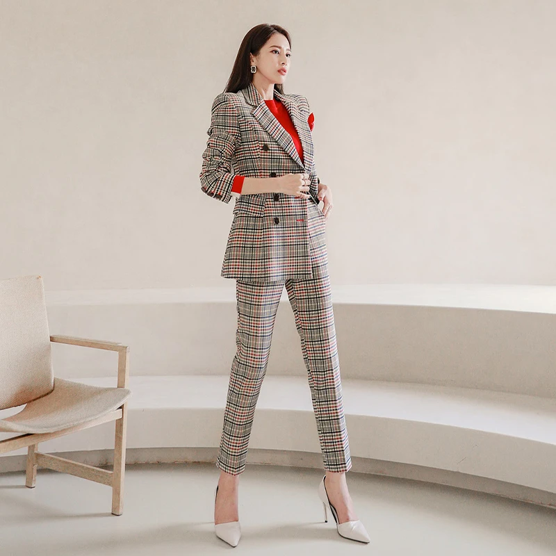 Spring Autumn Women's Plaid Suit British Style Pantsuit Double Breasted 2 Piece Set Slim Blazer High Waist Pants Korean Clothes 
Spring Autumn Women's Plaid Suit British Style Pantsuit Double Breasted 2 Piece Set Slim Blazer High Waist Pants Korean Clothes