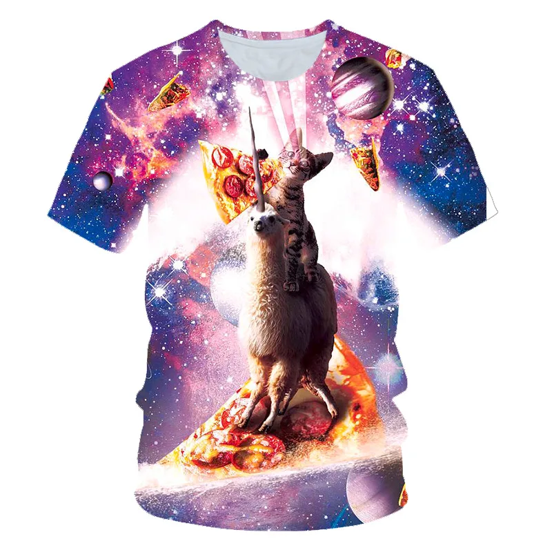 

2021 Summer New Galaxy Space 3D T Shirt Lovely Kitten Cat Eat Taco Pizza Funny Tops Tee Short Sleeve Summer Shirts