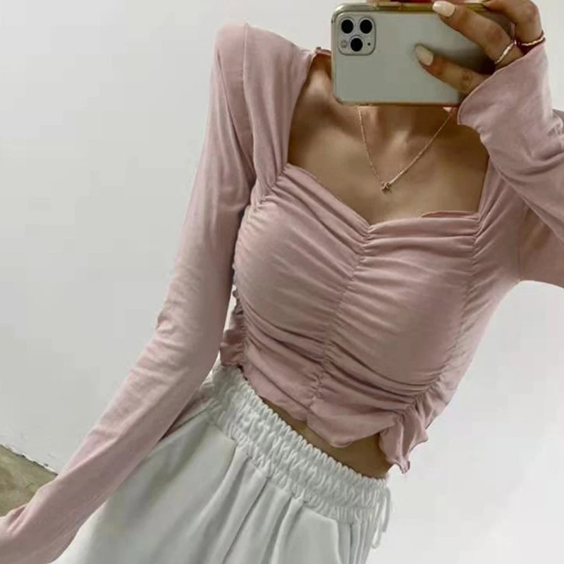 Women's 2022 autumn new shoulder pads pleated solid color pullover slim fit and thin all-match short T-shirt top women 
Women's 2022 autumn new shoulder pads pleated solid color pullover slim fit and thin all-match short T-shirt top women