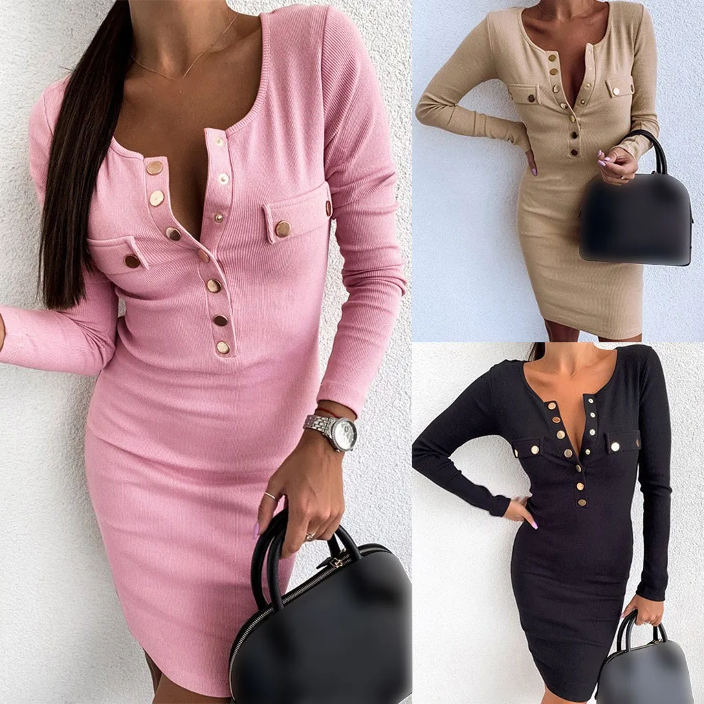 Women's waist slimming dress ladies sexy long-sleeved round neck dress solid color high-waist A-button dress Q6
Women's waist slimming dress ladies sexy long-sleeved round neck dress solid color high-waist A-button dress Q6