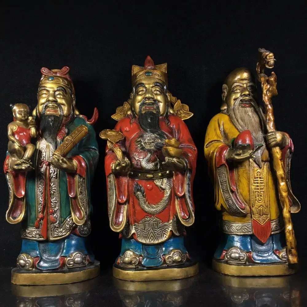 13"Tibet Buddhism Temple Bronze Painted Three-star Buddha Statue Implication Fushou Shuangquan happy auspicious longevity
13"Tibet Buddhism Temple Bronze Painted Three-star Buddha Statue Implication Fushou Shuangquan happy auspicious longevity