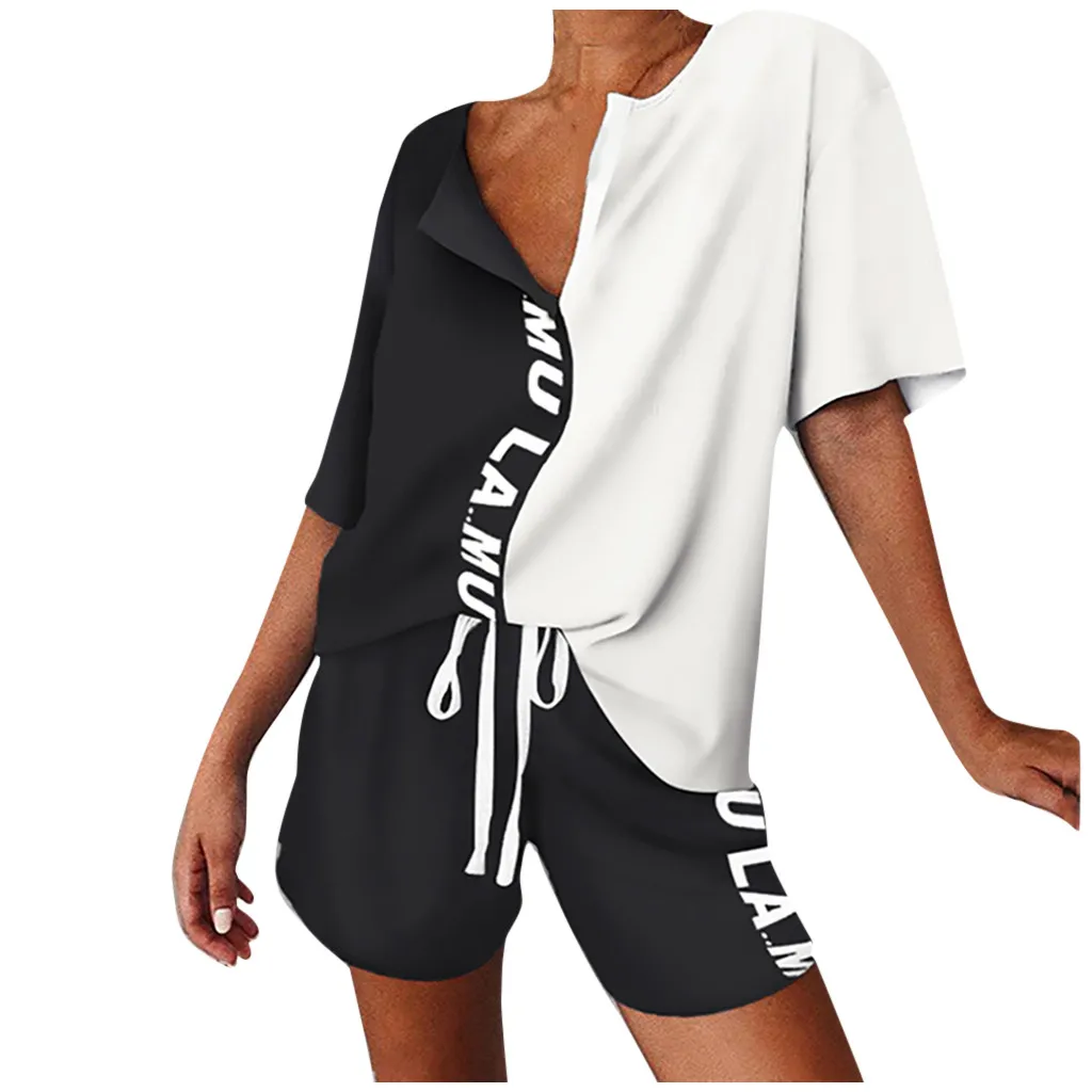 Summer Fashion Women's Pajamas V-Neck Short Sleeve Tracksuit Print Splicing Sleepwear Set Nightwear Home Suit For Women Clothes
Summer Fashion Women's Pajamas V-Neck Short Sleeve Tracksuit Print Splicing Sleepwear Set Nightwear Home Suit For Women Clothes