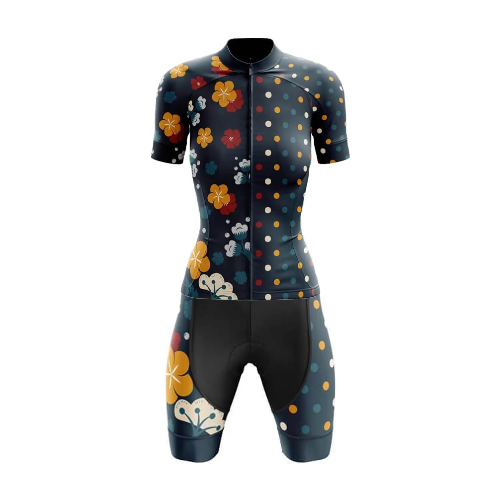 

Abstract Flowers And Colored Dots Woman's Cycling Jersey Set Roupa Ciclismo Feminina Short Sleeve Bib Shorts Gel Breathable Pad