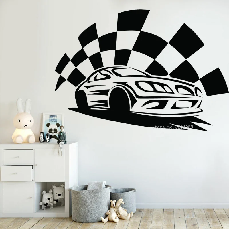 Наклейка на стену в виде гоночного автомобиля флага экстремальных видов спорта